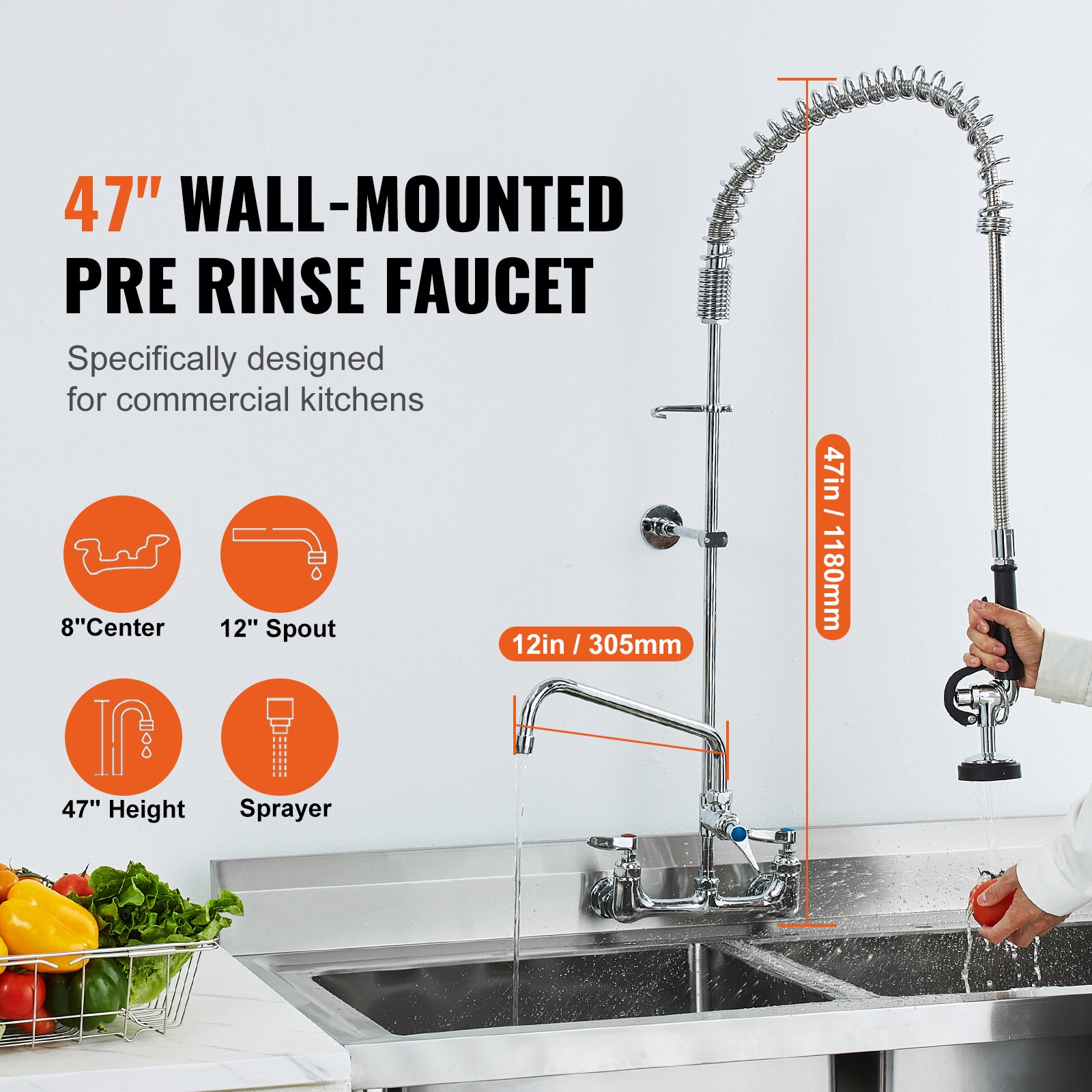 Commercial Kitchen Faucet With Pre-rinse Sprayer And Swing Spout_voghion.com